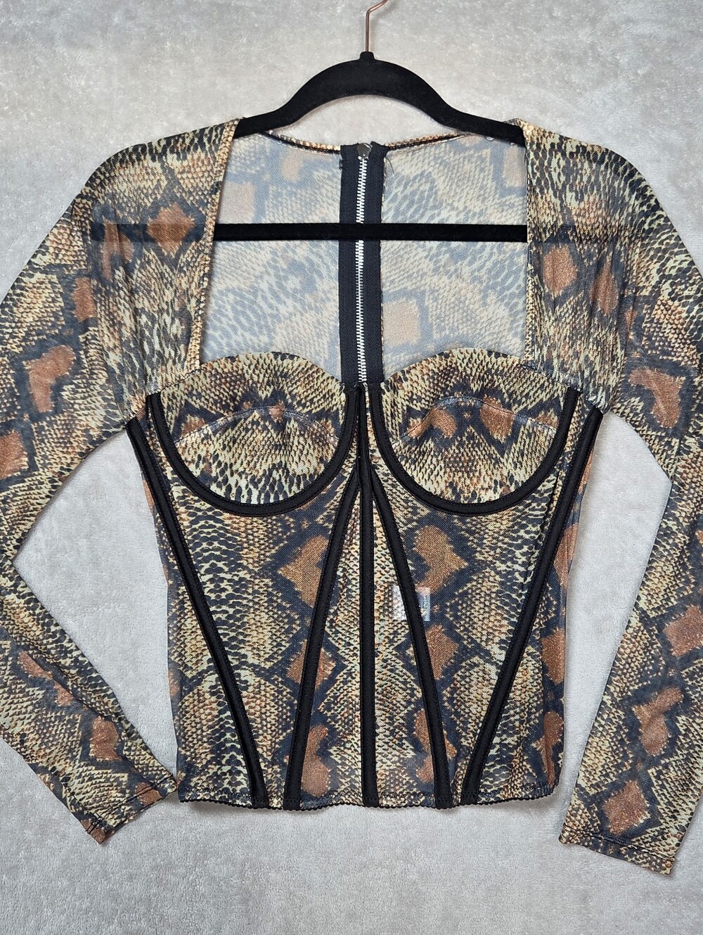 Snakeskin Mesh Corset Top Long Sleeve Boning Zipper Brown M